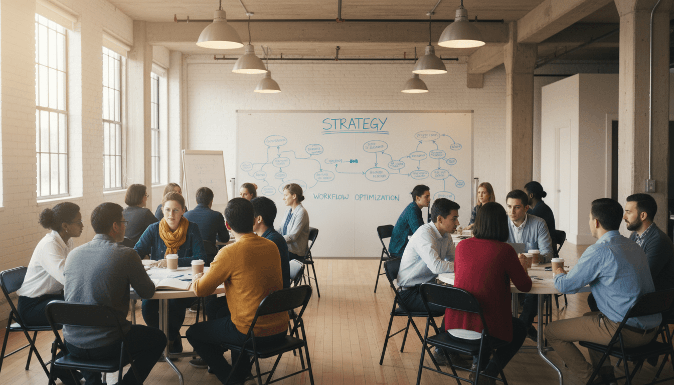 Diverse professionals engaged in a workshop discussion