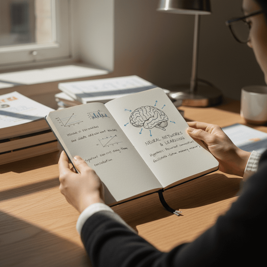 Person reviewing handwritten notes in a warm study with lamplight