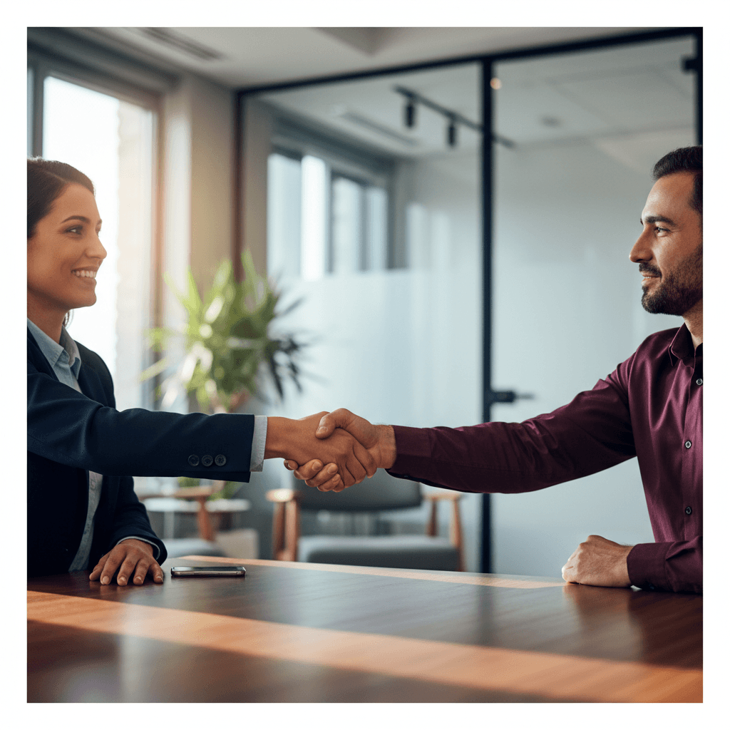 Professional handshake between speaker and audience member after a presentation