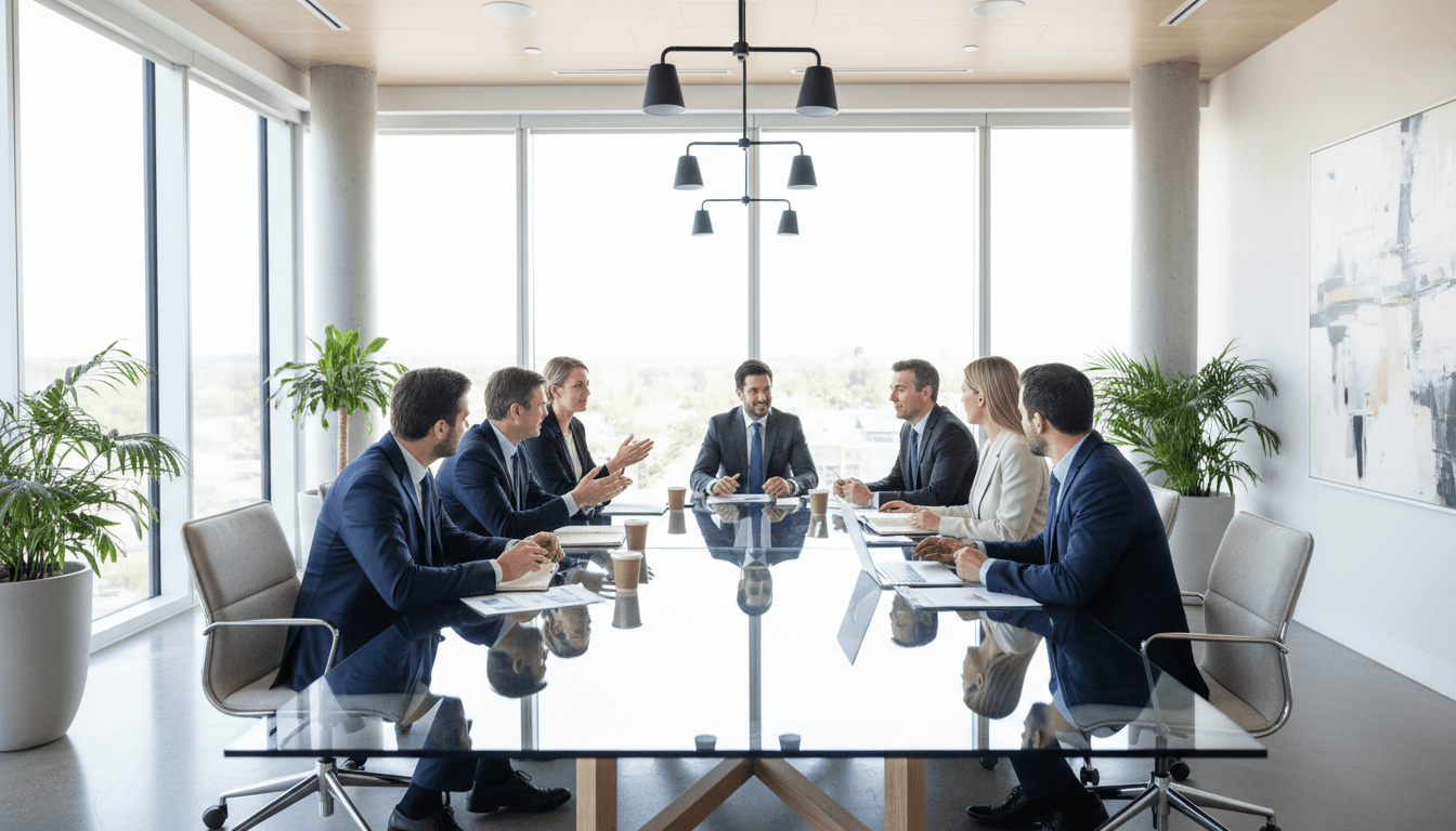 Four professionals sitting in a semicircle in a meeting room engaged in a group discussion