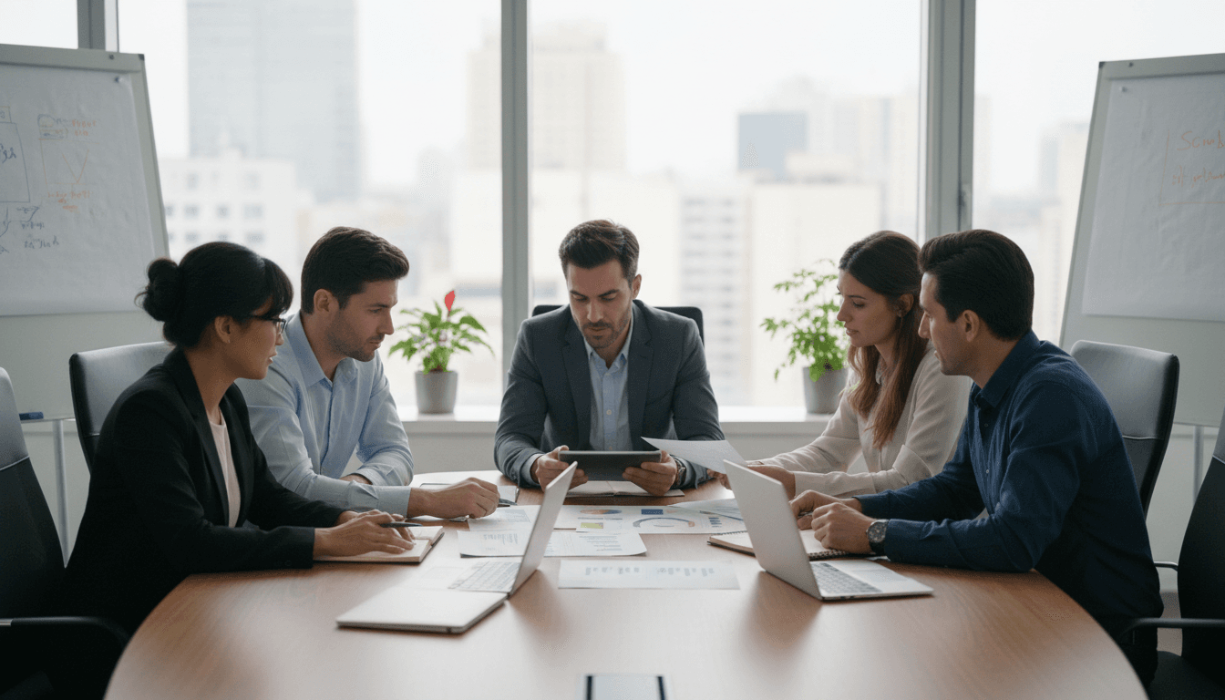Group of professionals engaged in a workshop session around a table with a facilitator at a whiteboard