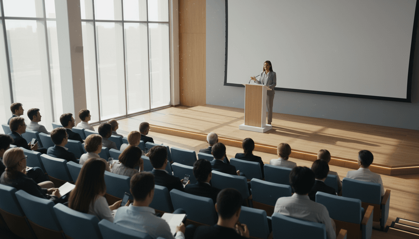 Keynote speaker at a podium with a dimly lit conference room and attentive audience