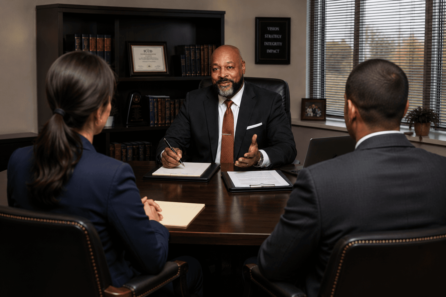 Professional man in a suit gestures while consulting with two people in a law office.
