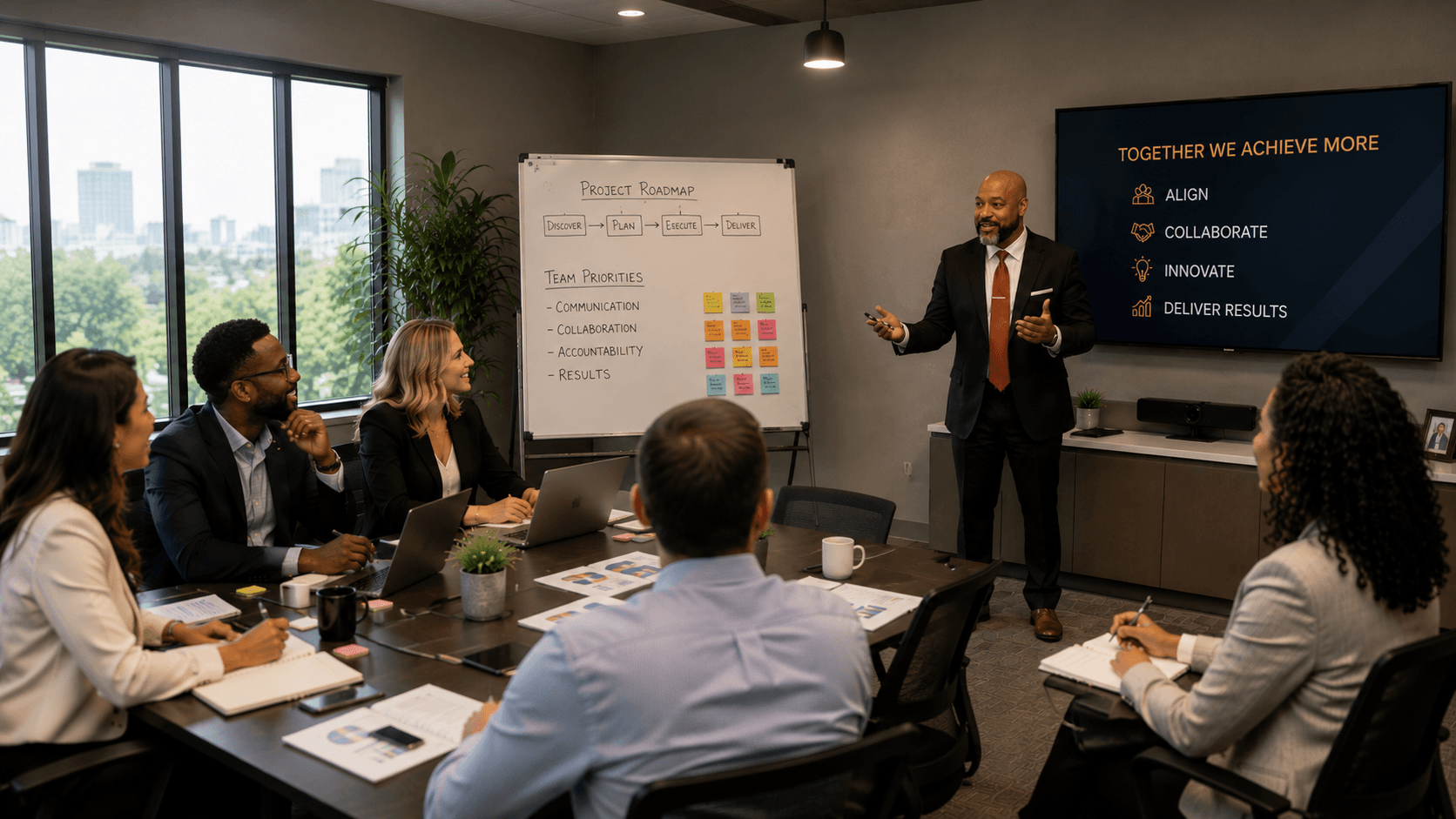 Diverse professionals in a conference room listening to a man presenting a project roadmap.