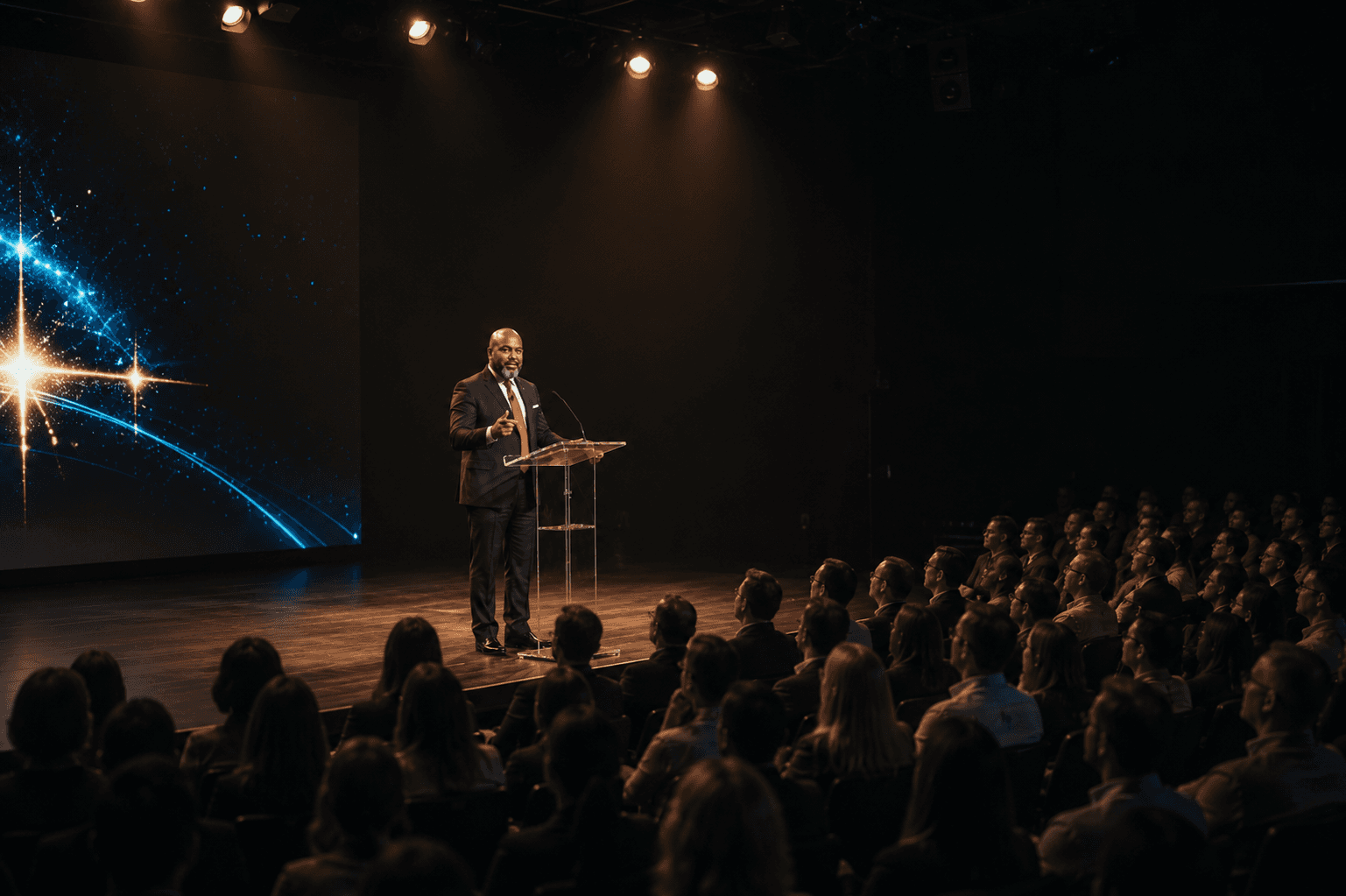 A Black man in a suit addresses a large audience from a dark auditorium stage.